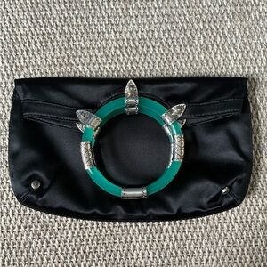 Jimmy Choo Black Satin Clutch with Silver and Green Detail